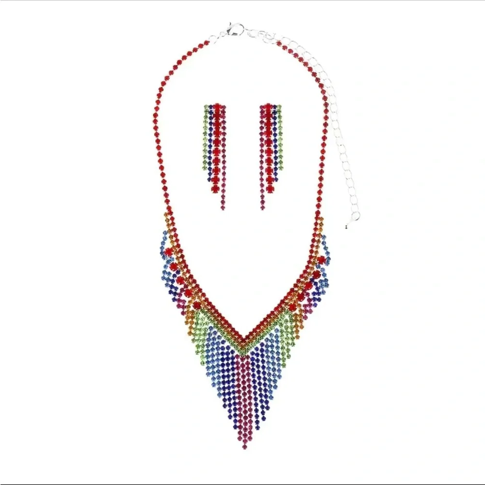 Colorful Rhinestone Earrings and Necklace Matching Set